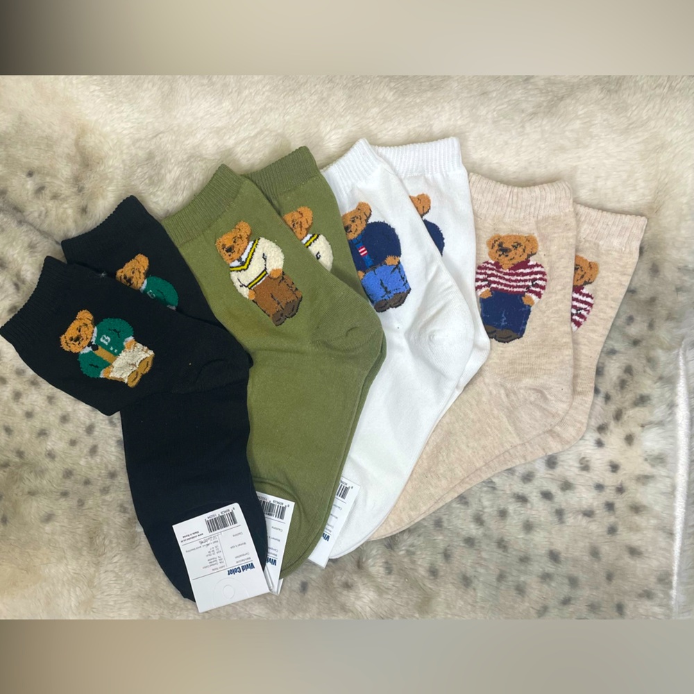 Lot of 4 pair Ralph Lauren style Vivid Color Bear Socks Set New